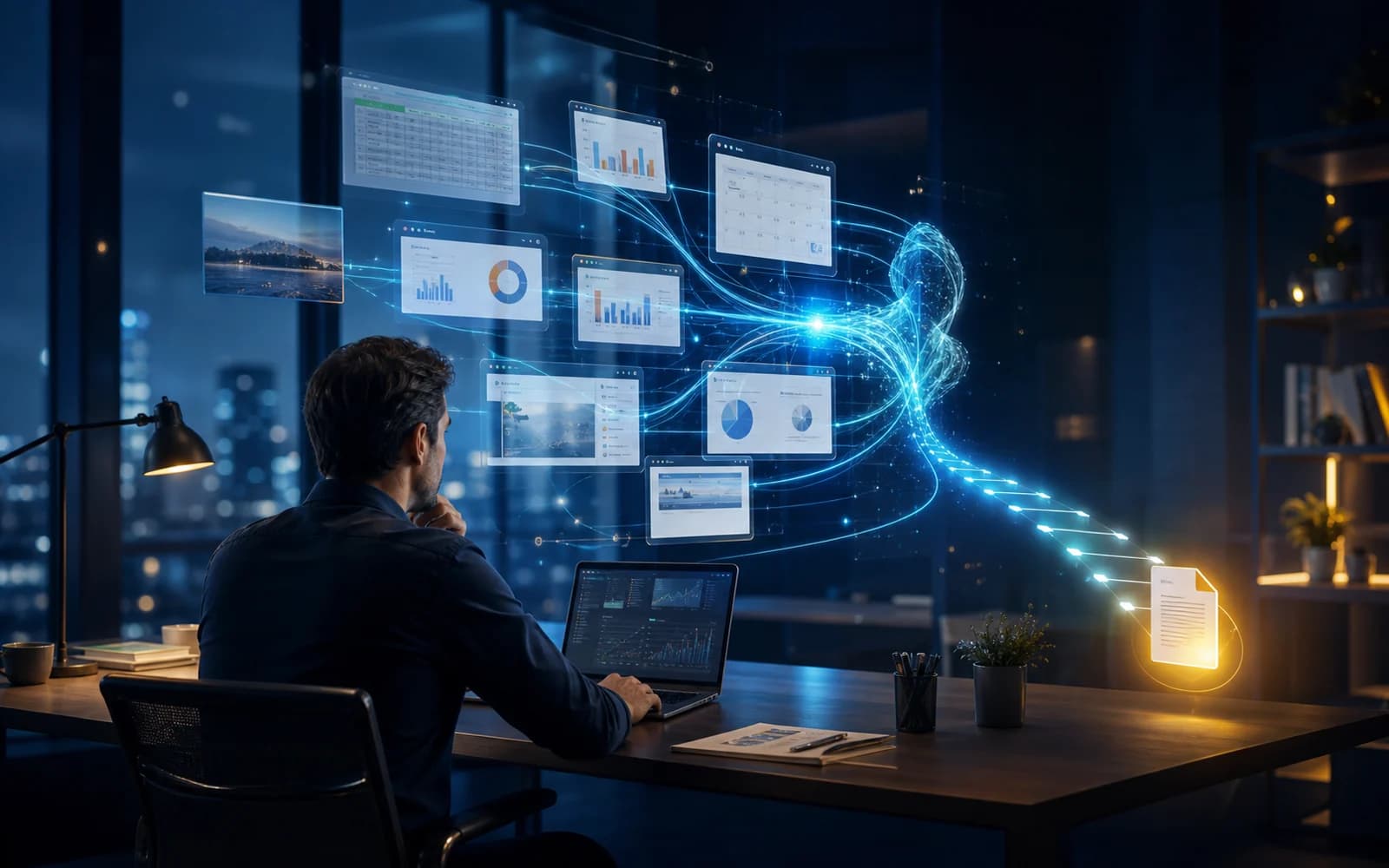 Professionista che coordina un agente AI tra documenti, fogli di calcolo e applicazioni di lavoro