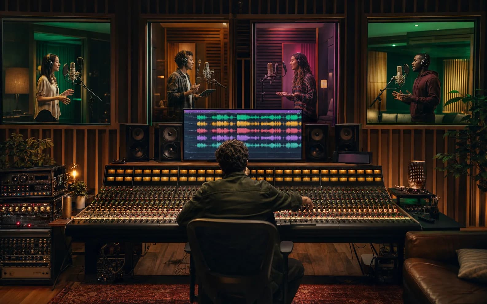 Onda audio con annunci Spotify generati da AI e dashboard di pianificazione
