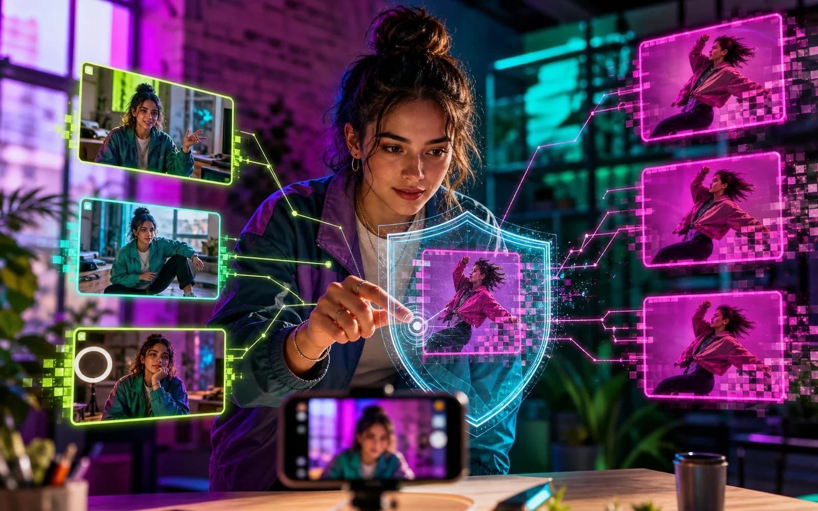 Creator osserva un video sintetico mentre segnali digitali verificano origine e autenticità del contenuto
