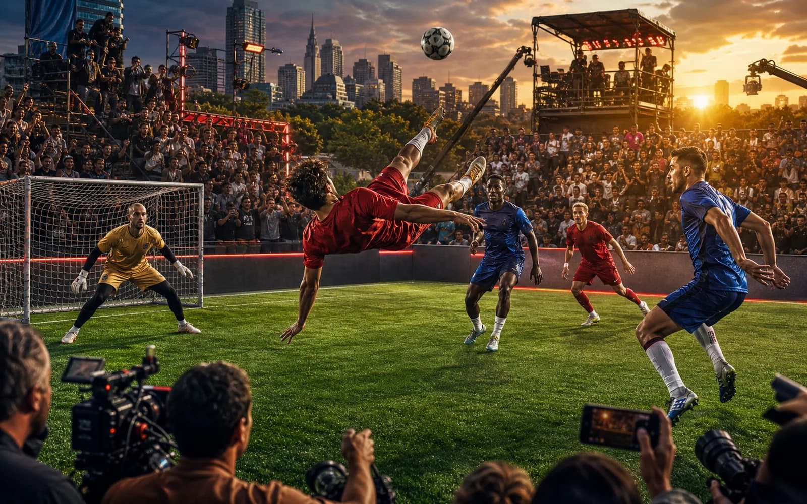 Partita spettacolare tra creator e leggende del calcio ripresa in uno stadio urbano per una diretta globale
