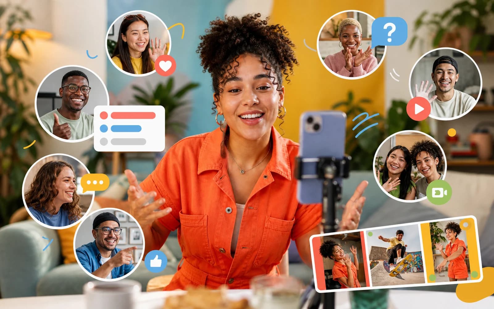 Creator registra un video verticale mentre sondaggi, domande e risposte collegano una community colorata