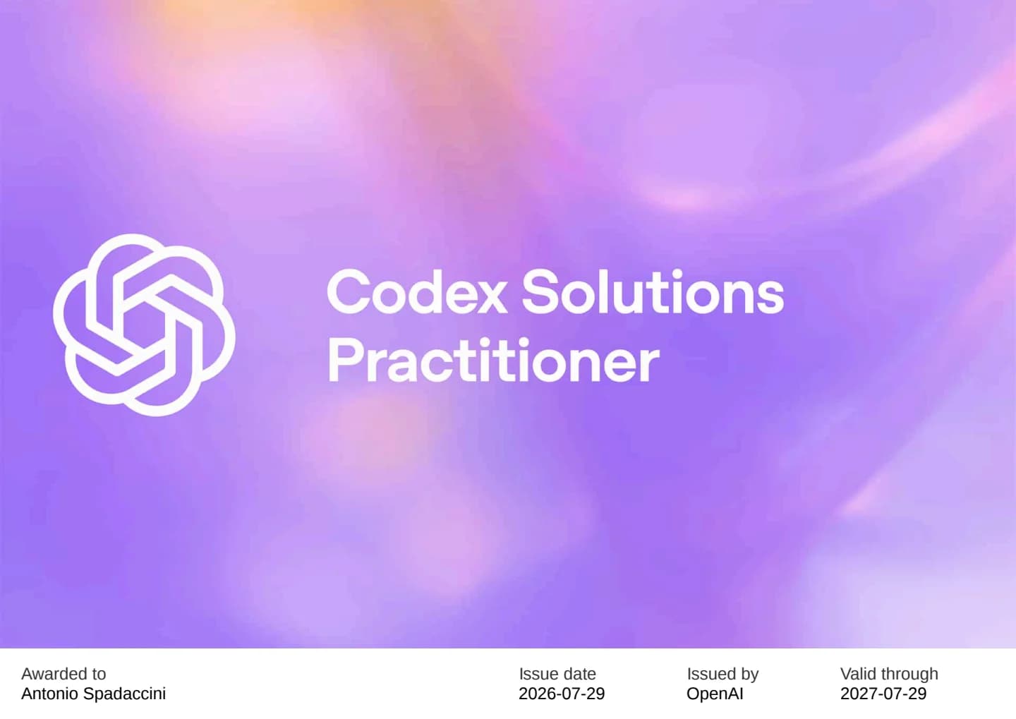 Certificato Codex Solutions Practitioner di Antonio Spadaccini