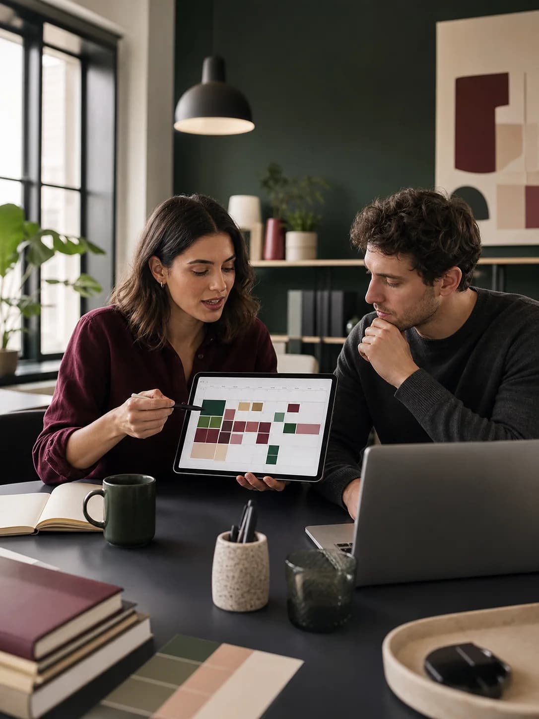 Una social media manager mostra un calendario editoriale mensile.