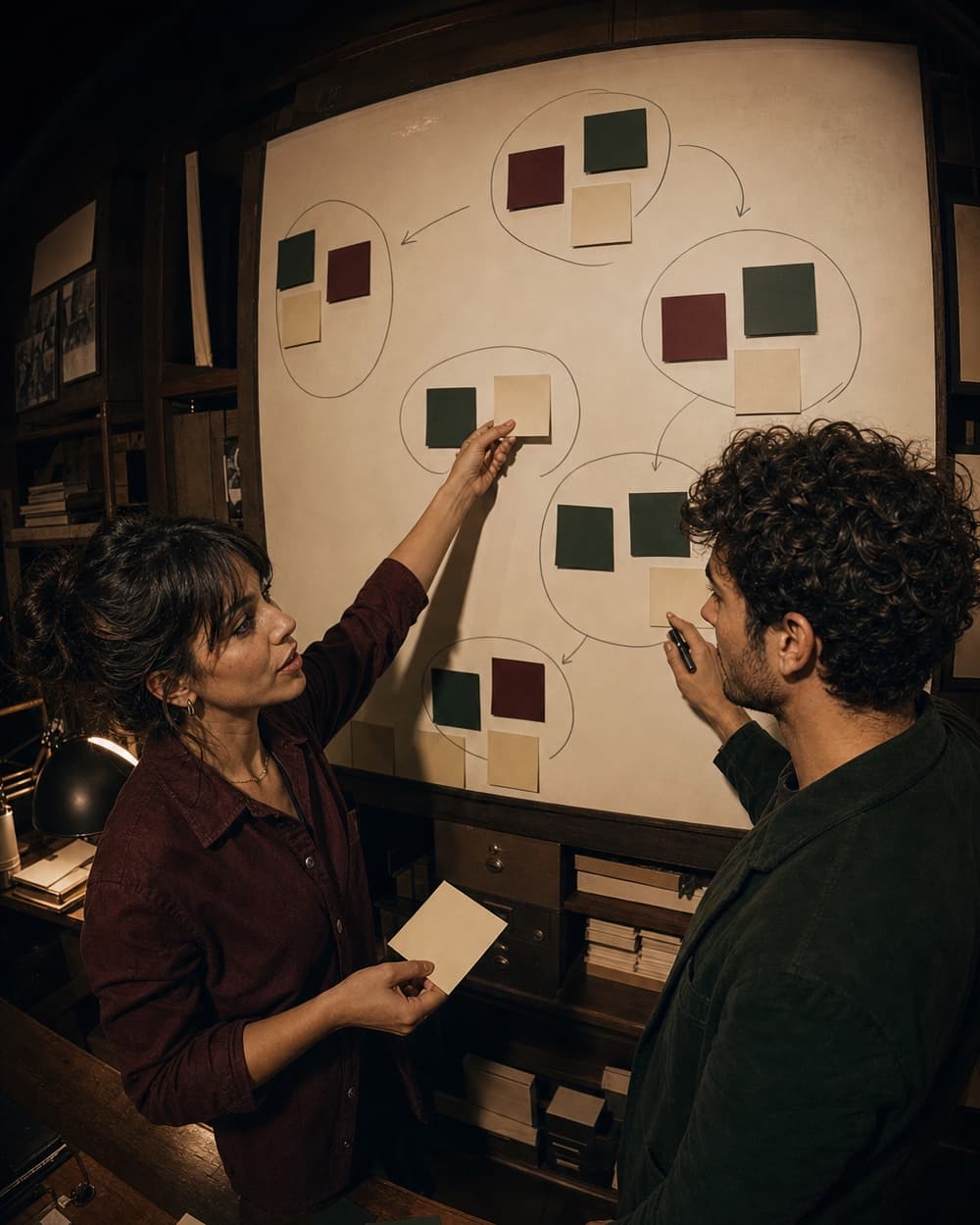 Due giovani strategist fanno brainstorming davanti a una lavagna.
