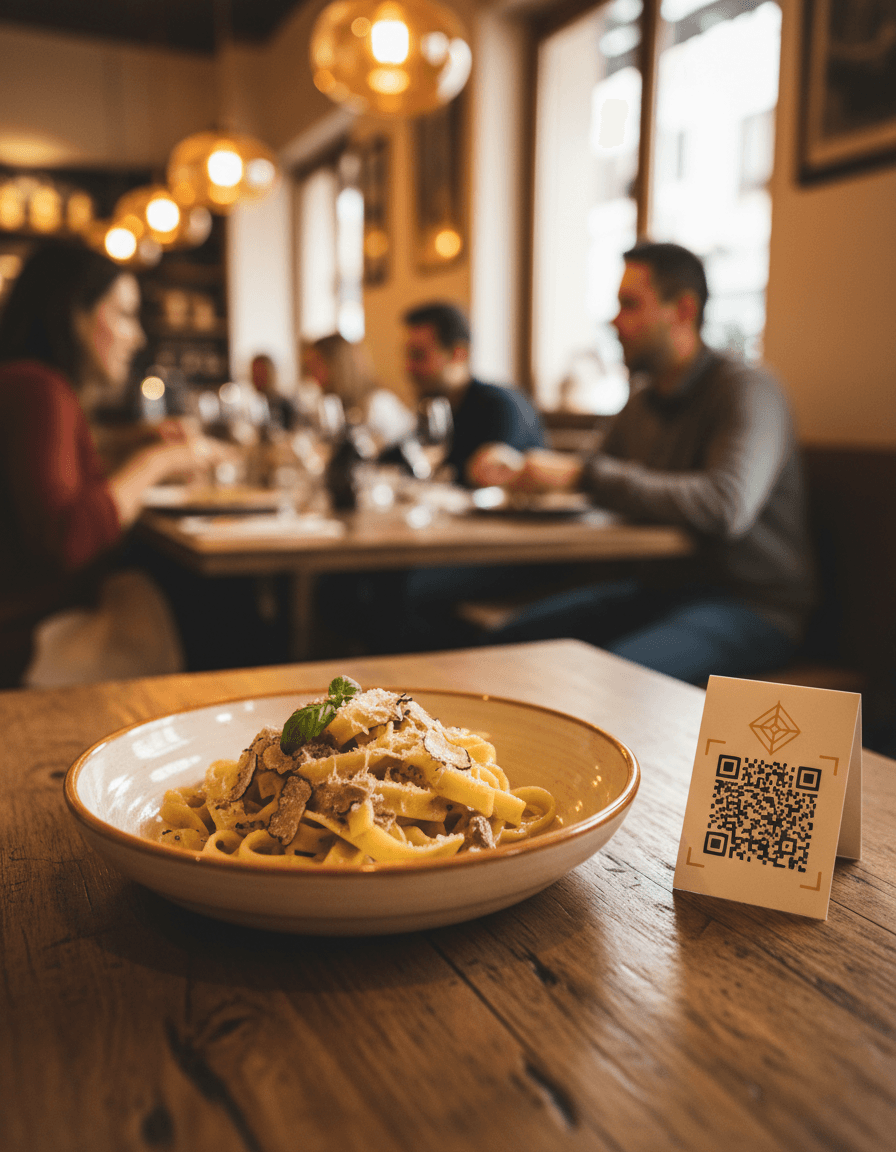 Tavolo di un ristorante con piatti impiattati e Menu Ora sul telefono