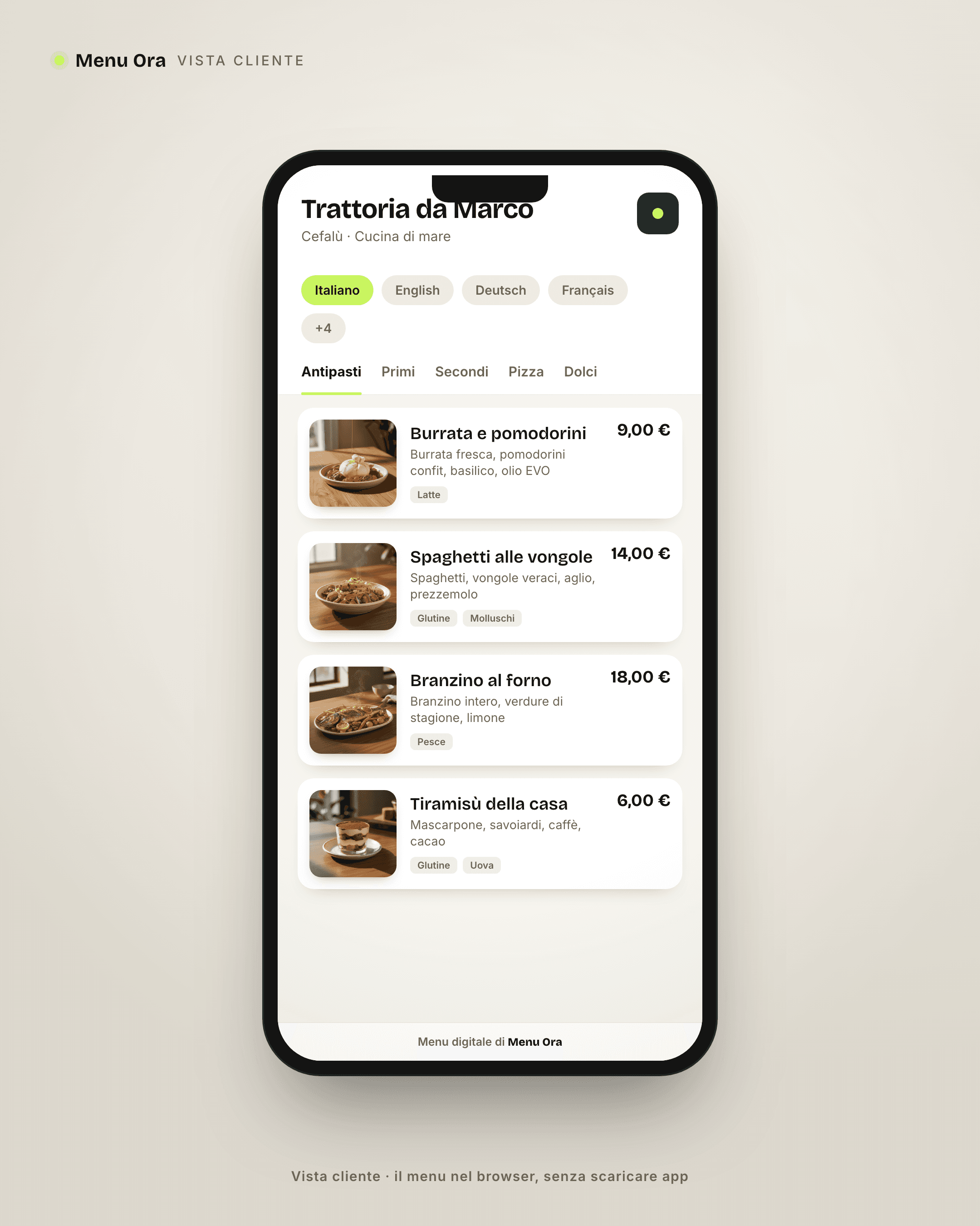 Menu Ora visualizzato sul telefono di un cliente
