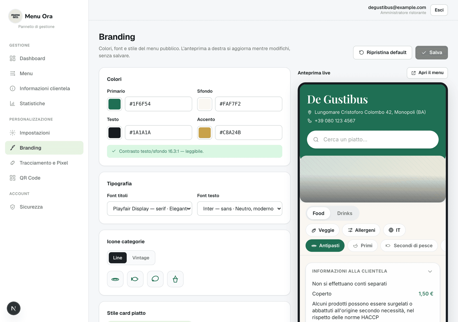 Pannello Menu Ora per colori, font e logo