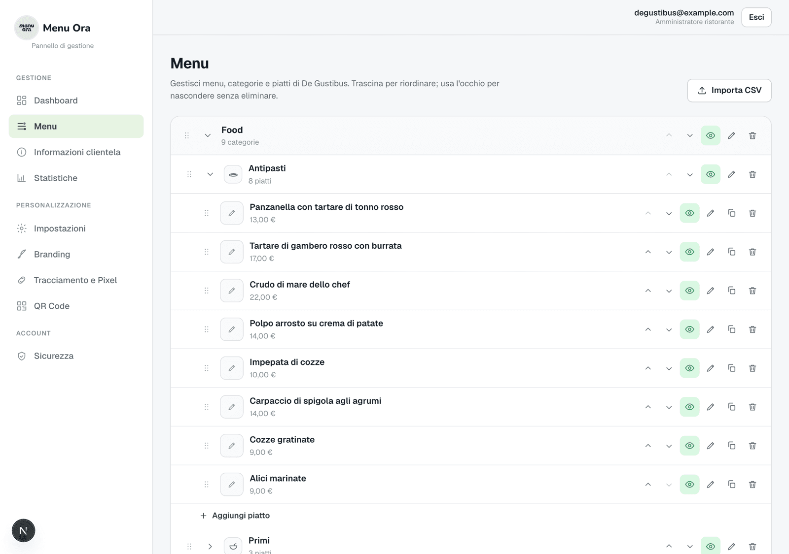Pannello Menu Ora per la gestione dei piatti
