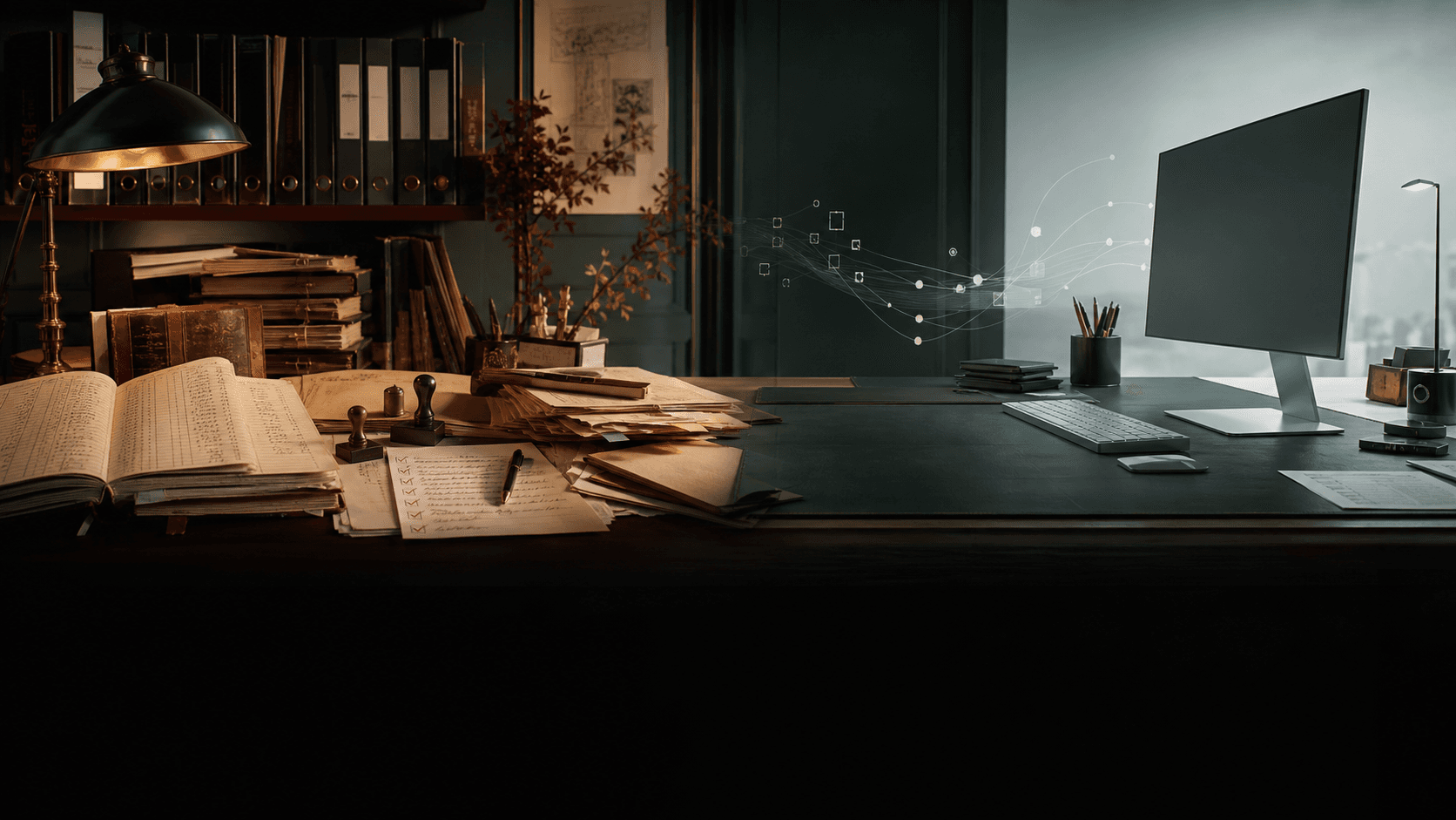 Una scrivania passa da registri e pratiche cartacee a un sistema digitale connesso