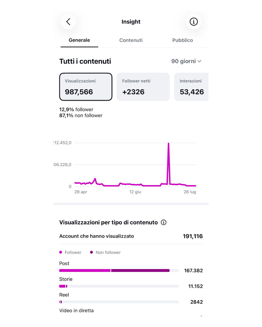 Insight social anonimo: 987.566 visualizzazioni e 2.326 follower netti in 90 giorni.